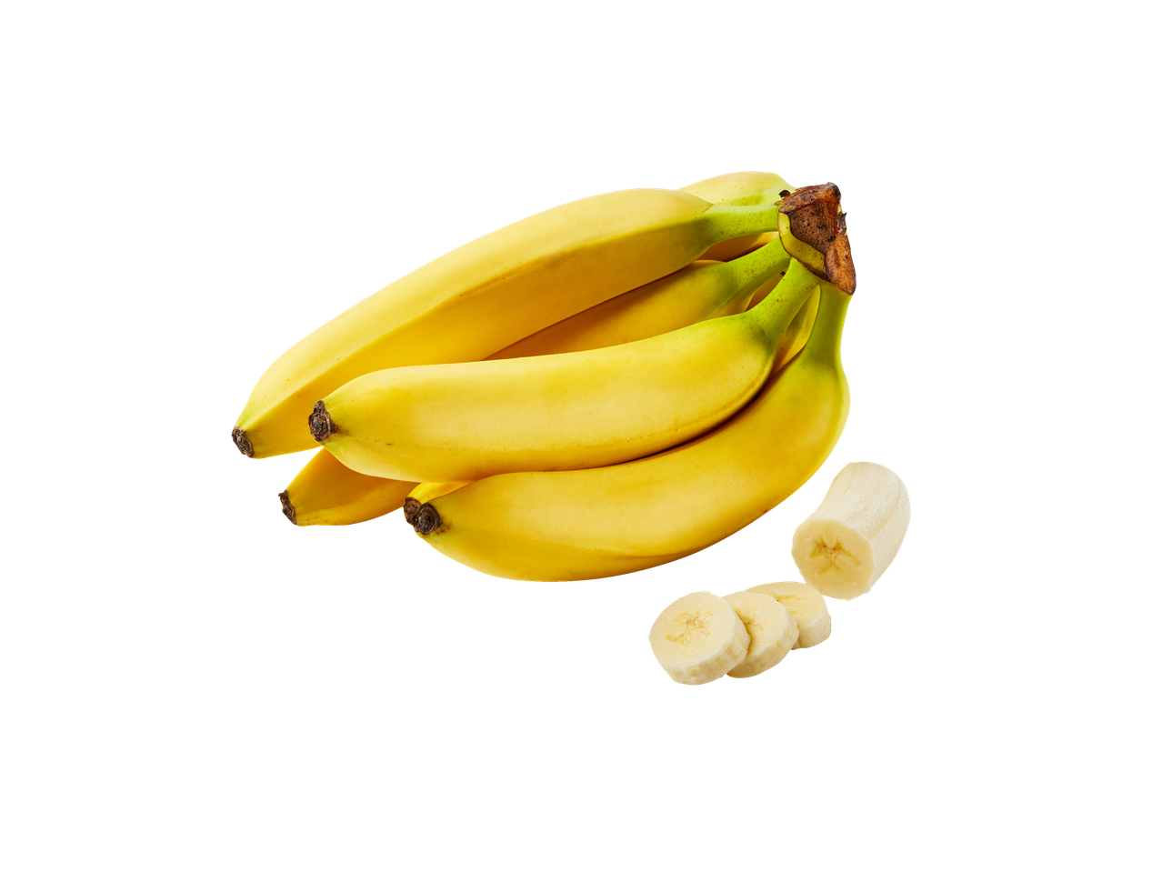 Banane Dole, un ciorchine de banane și felii de banane pe fundal negru.