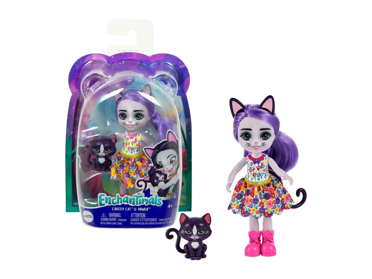 A Nostalgic Toys collectible doll with cat ears and accessories, packaged in a clear plastic case.