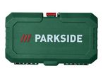 Green plastic tool case with a red latch and white lettering.
