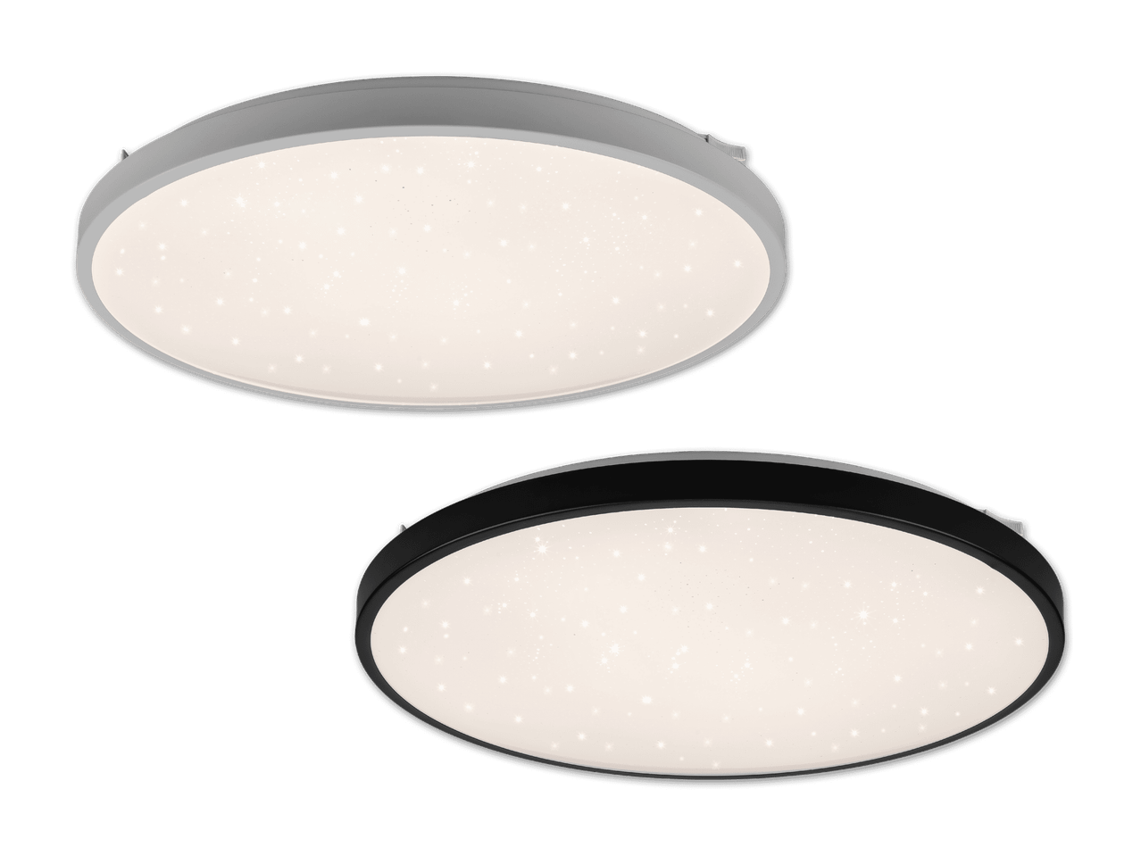 Zwei runde LED-Deckenleuchten mit Sternenlichteffekt, eine in Weiß und eine in Schwarz.