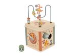 Wooden activity cube with a bead maze, clock, and shape sorter, featuring forest animal designs.
