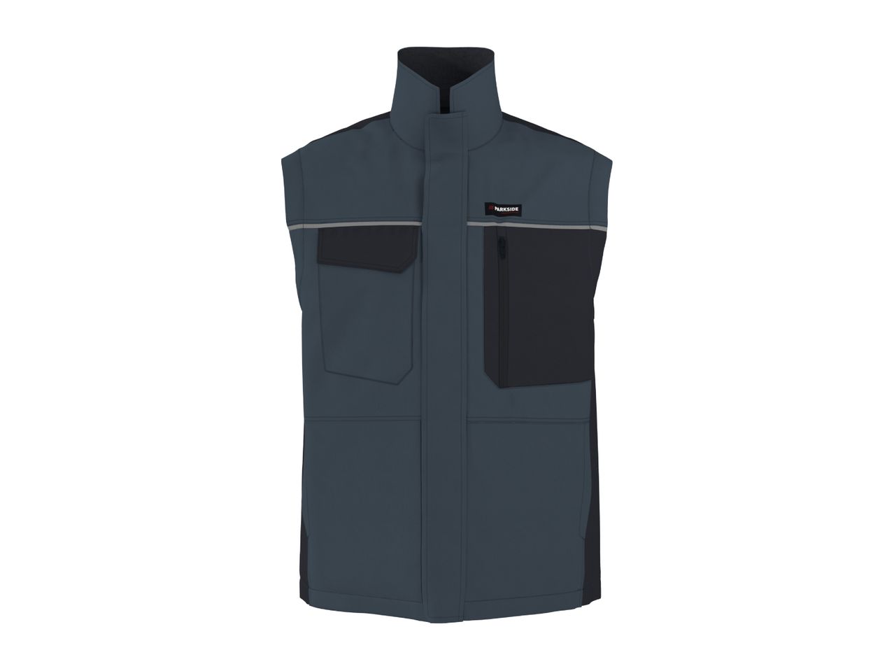 Men's work vest in dark blue with reflective stripes and multiple pockets