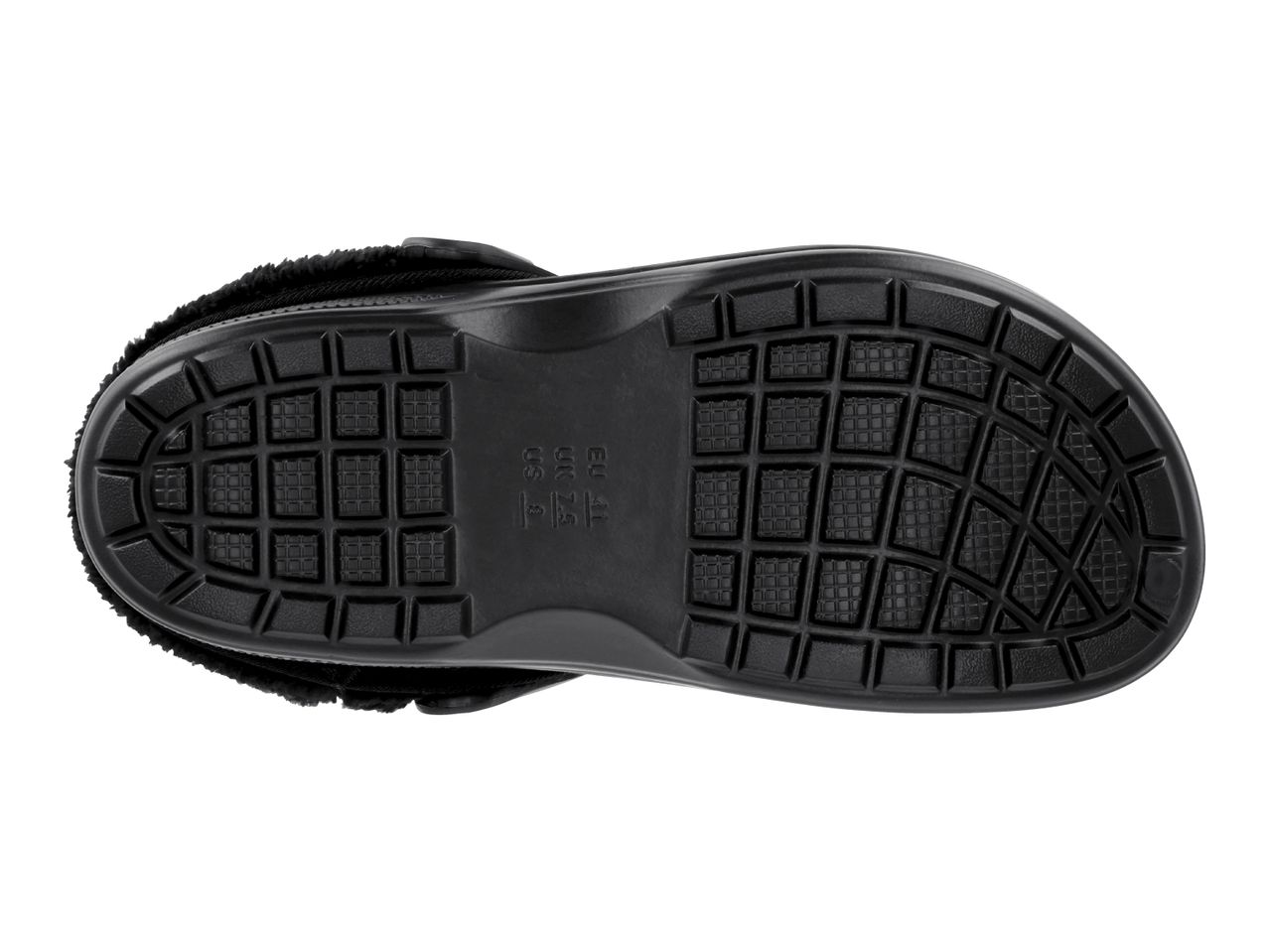 Bottom view of a black slipper with a textured sole and size markings