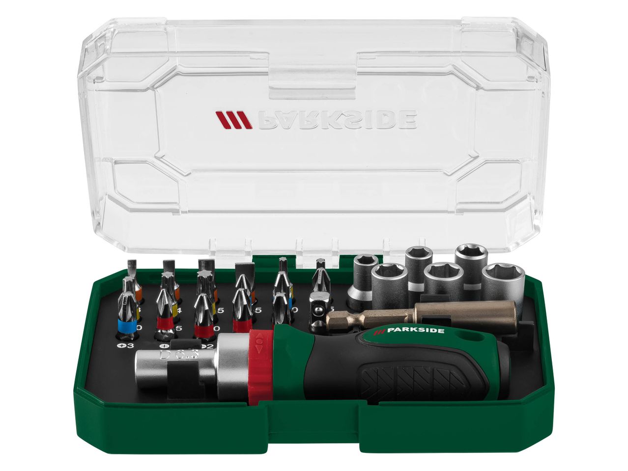 A screwdriver set with various bits and sockets in a clear and green case.
