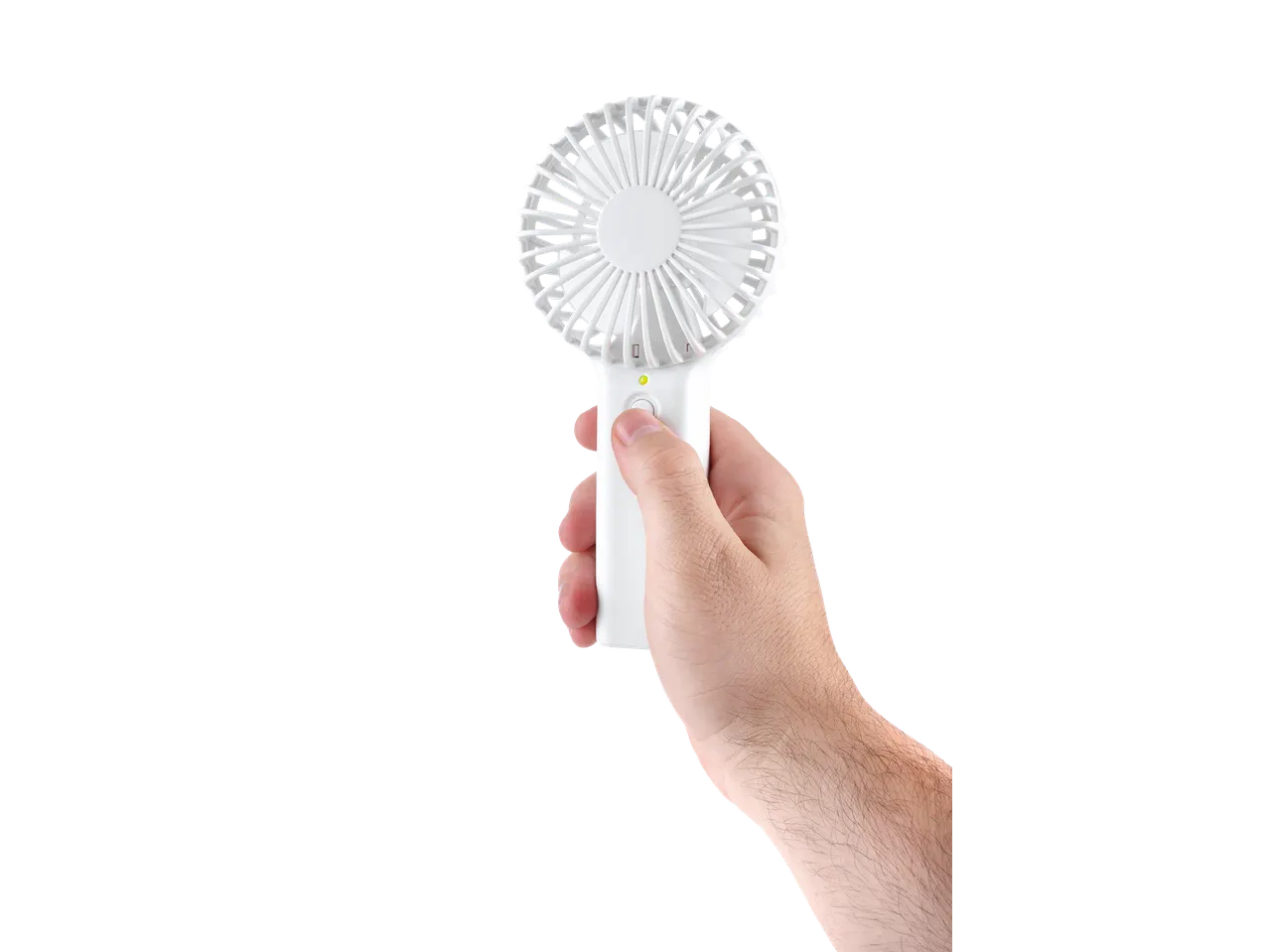Mini-ventilador TRONIC branco na mão com luz verde acesa