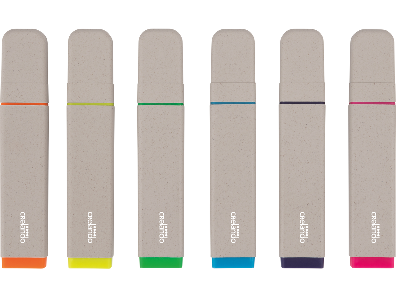 Marcadores CRELANDO em seis cores: laranja, amarelo, verde, azul, roxo e rosa.