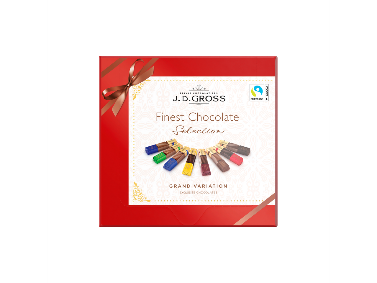 Boîte de chocolats J.D. Gross 'Finest Chocolate Selection' avec un ruban marron.