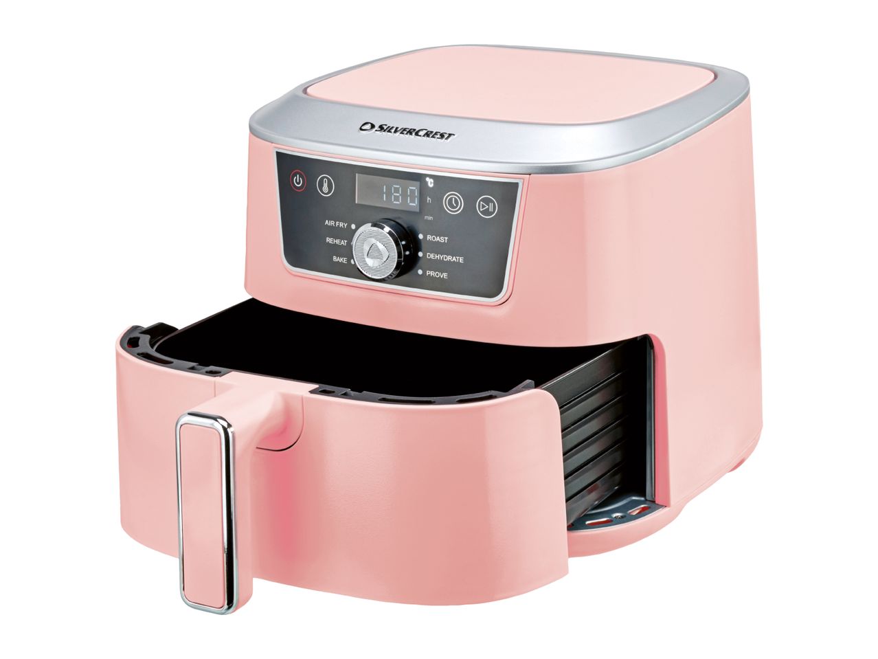 Pink air fryer with an open drawer, digital display showing 180 degrees Celsius.