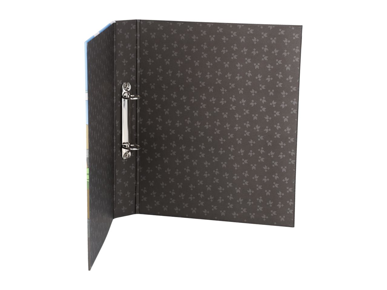 Open ring binder with a dark grey patterned interior and a colorful spine.