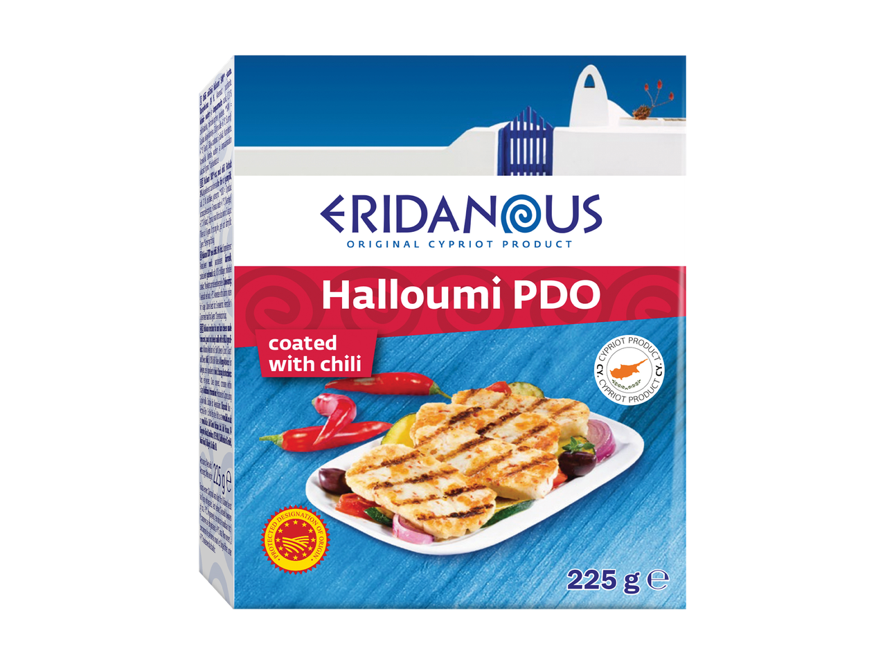 Halloumi-juustopaketti, jossa on grillattua halloumia, chiliä ja vihanneksia.