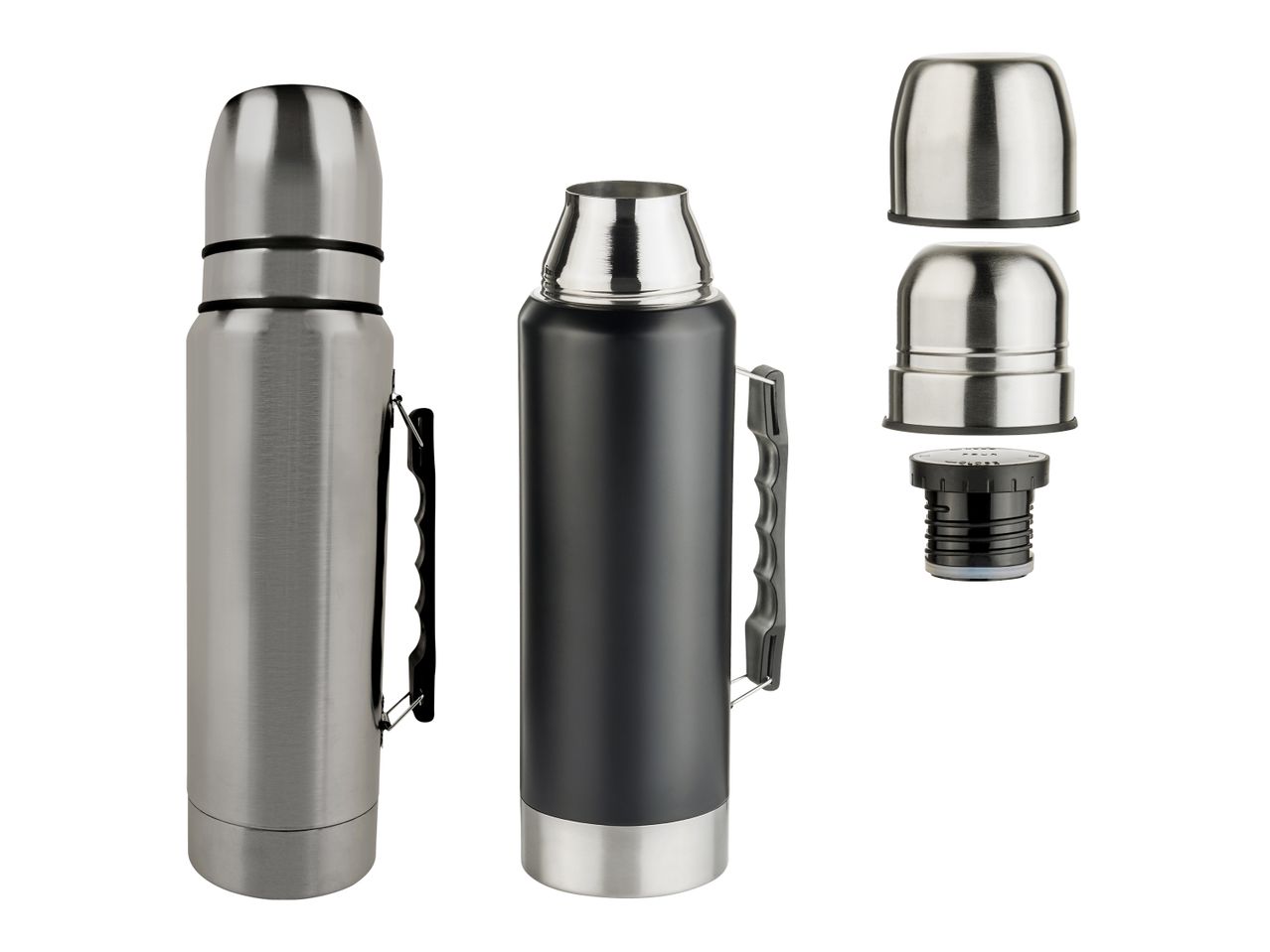 Zwei Thermoskannen, eine silberne und eine schwarze, mit abnehmbaren Deckeln und Griffen.