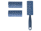 Lint roller with two refill rolls, all featuring a blue and white polka dot pattern.