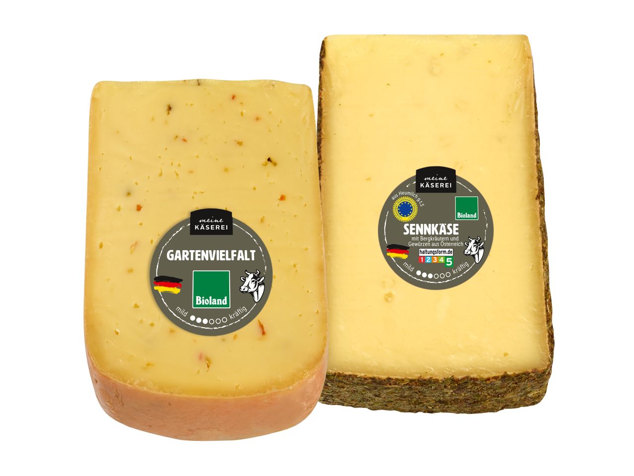 Zwei Bioland-Käsesorten: Gartenvielfalt und Sennkäse, beides von meiner Käserei.