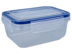 Clear plastic food storage container with a blue lid