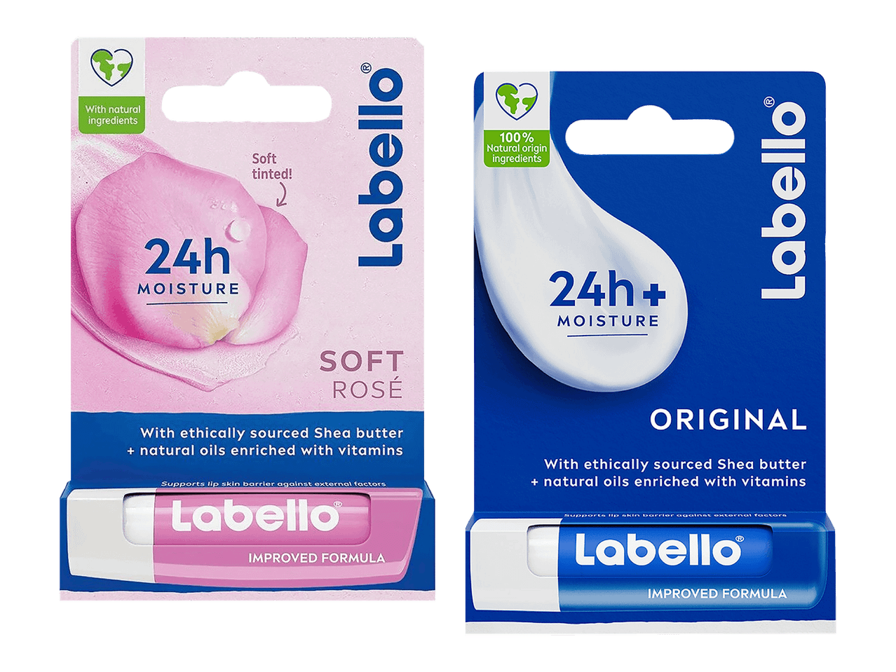 Kaksi Labello-huulivoidepakkausta: Soft Rosé ja Original, molemmat 24 tunnin kosteutuksella.
