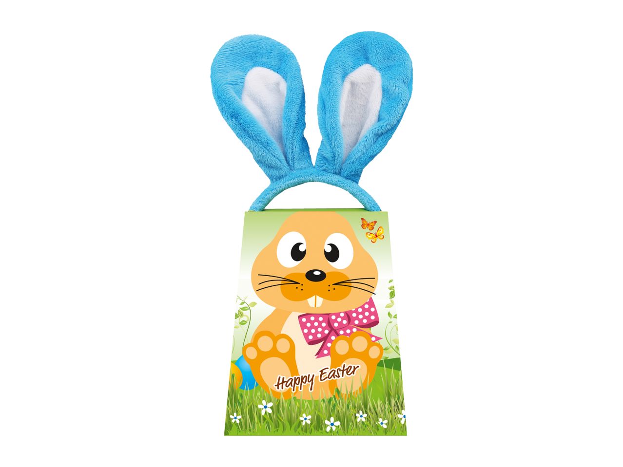 Blue bunny ears headband on an Easter gift bag with a cartoon rabbit.