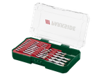 A set of drill bits in a green and red plastic case with a clear lid.