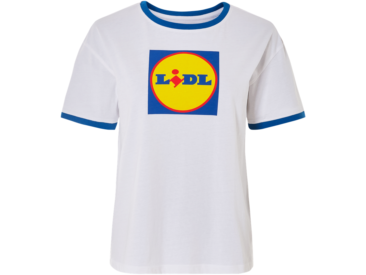 White t-shirt with blue trim on the collar and sleeves, featuring a large circular logo with blue text on a yellow background.