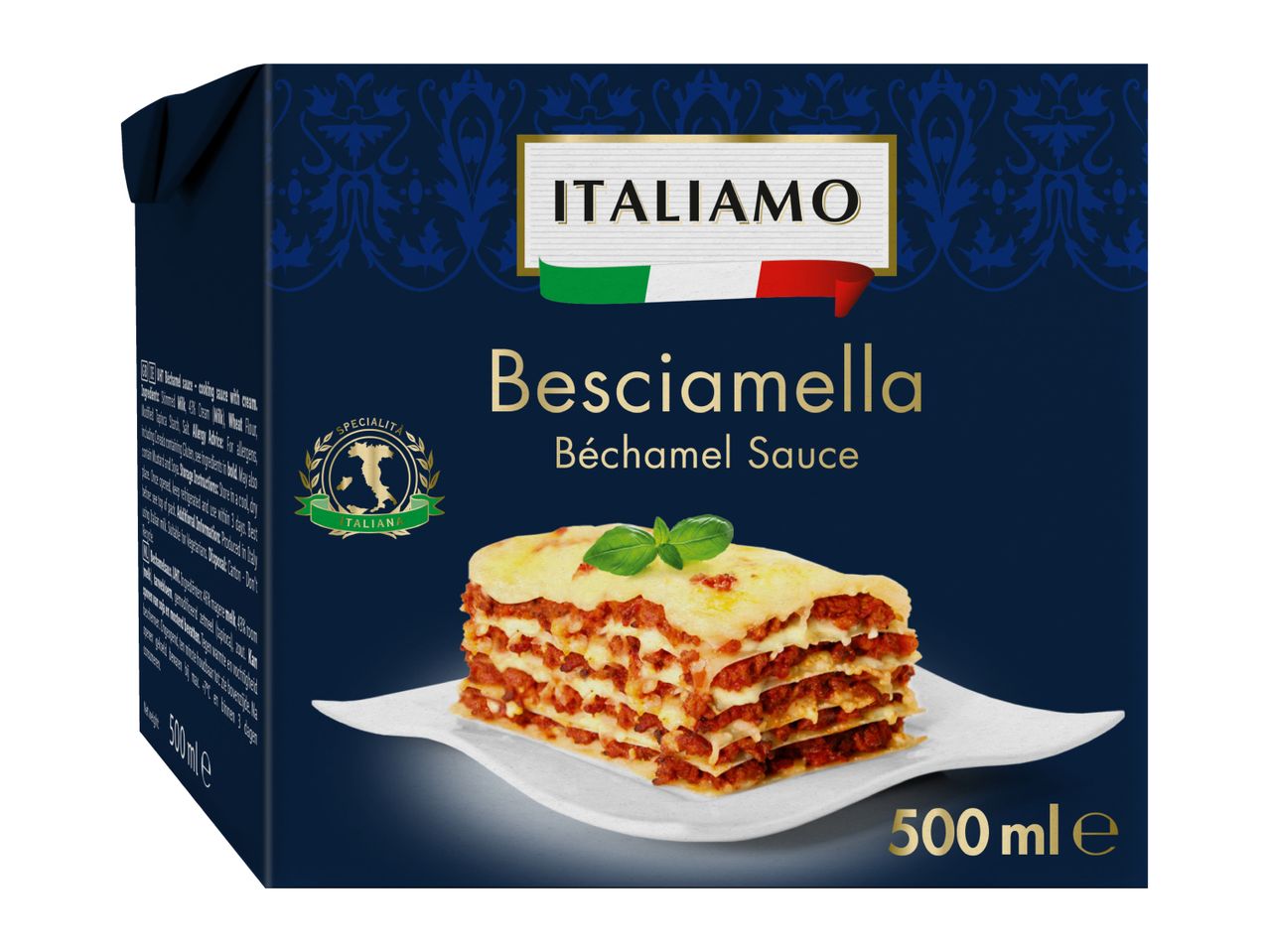 Italian Béchamel Sauce carton with a lasagna dish, 500 ml.