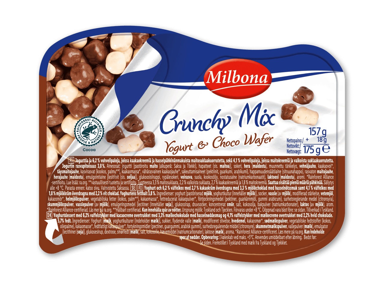 Yoghurt med chokolade- og vaffelstykker, med Rainforest Alliance-certificering.
