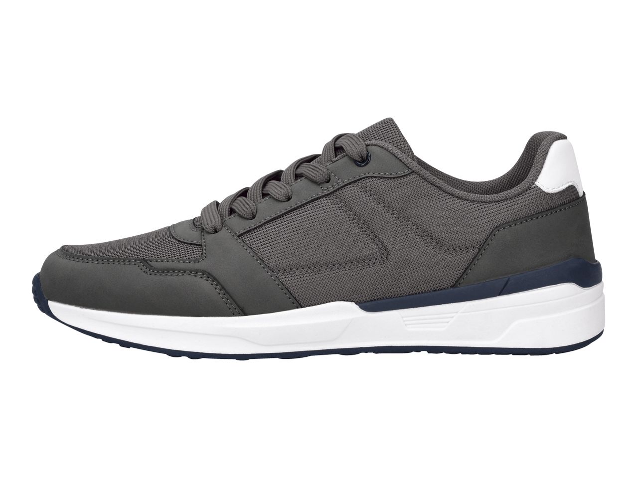 Grey men's athletic shoe with white and navy sole