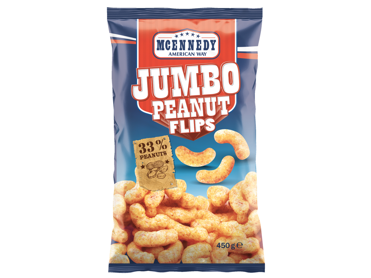 McEnnedy Jumbo Peanut Flips, 450g bag, with 33% peanuts.