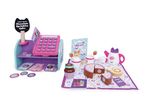 Children's play set with a toy cash register, cakes, and tea party accessories.