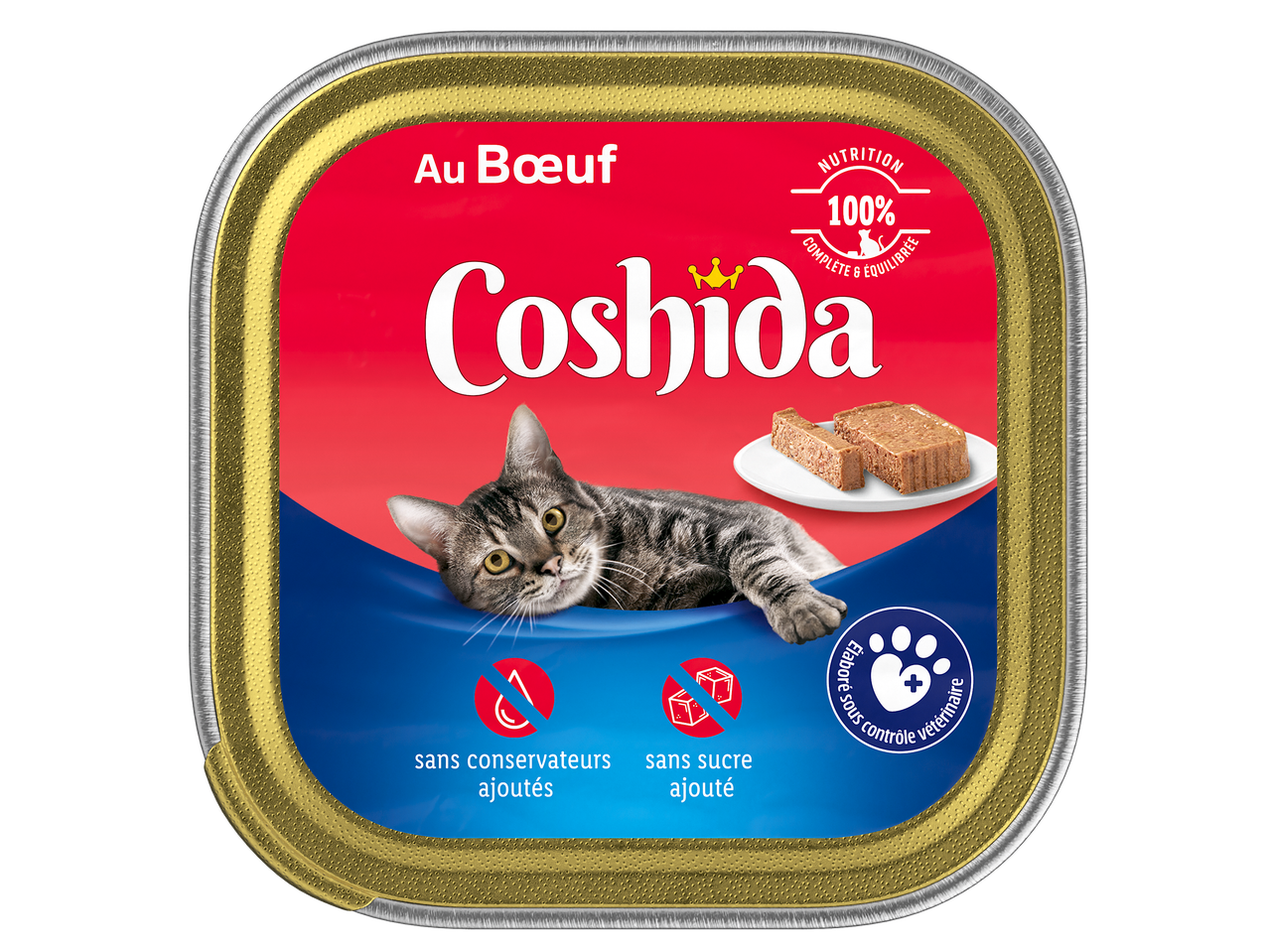 Pâtée pour chat au bœuf, nutrition 100% complète et équilibrée, sans conservateurs ni sucre ajoutés.