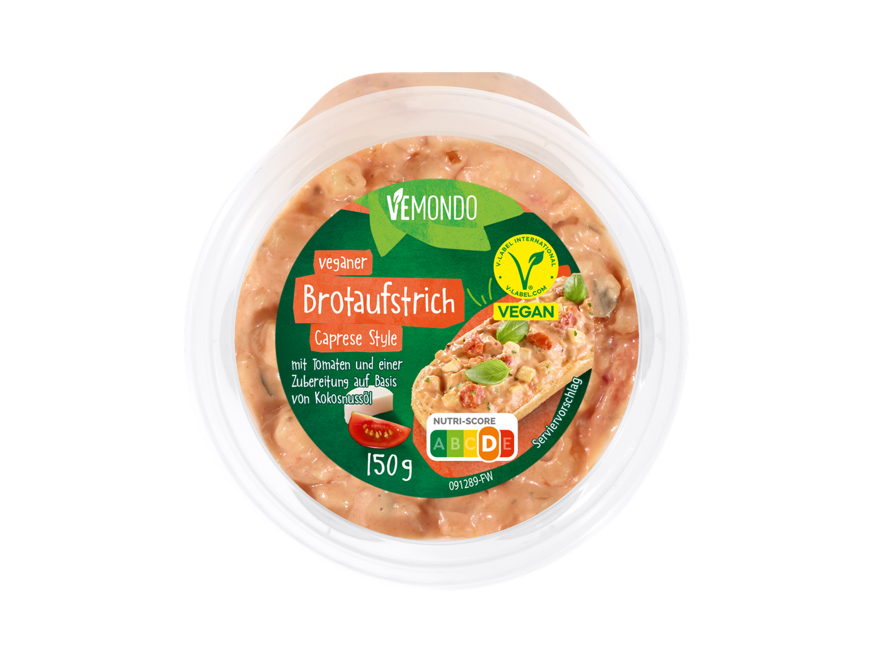 VEMONDO veganer Brotaufstrich Caprese Style mit Tomaten und Kokosnussöl, 150g, Nutri-Score D