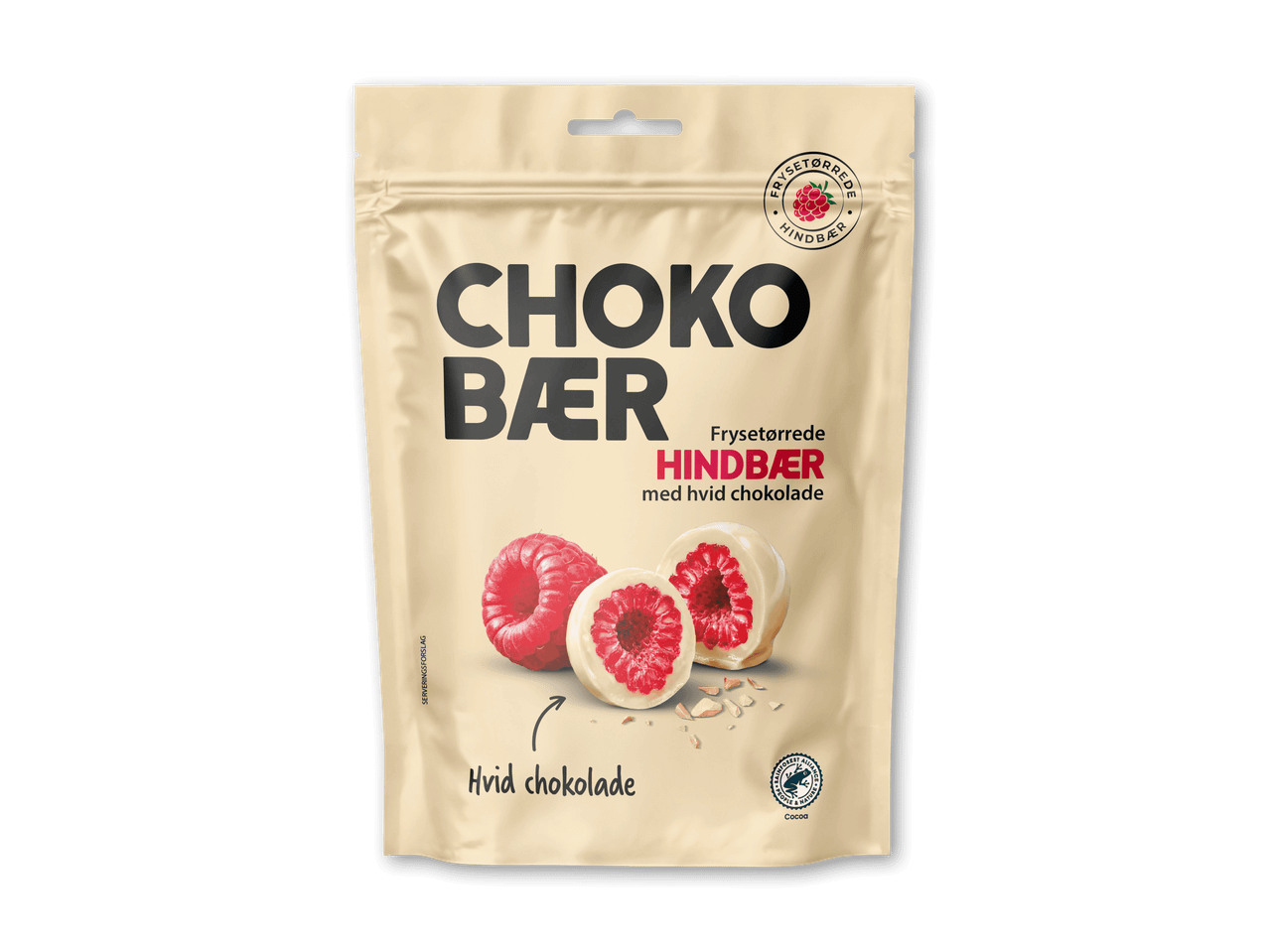 Pose med frysetørrede hindbær overtrukket med hvid chokolade.