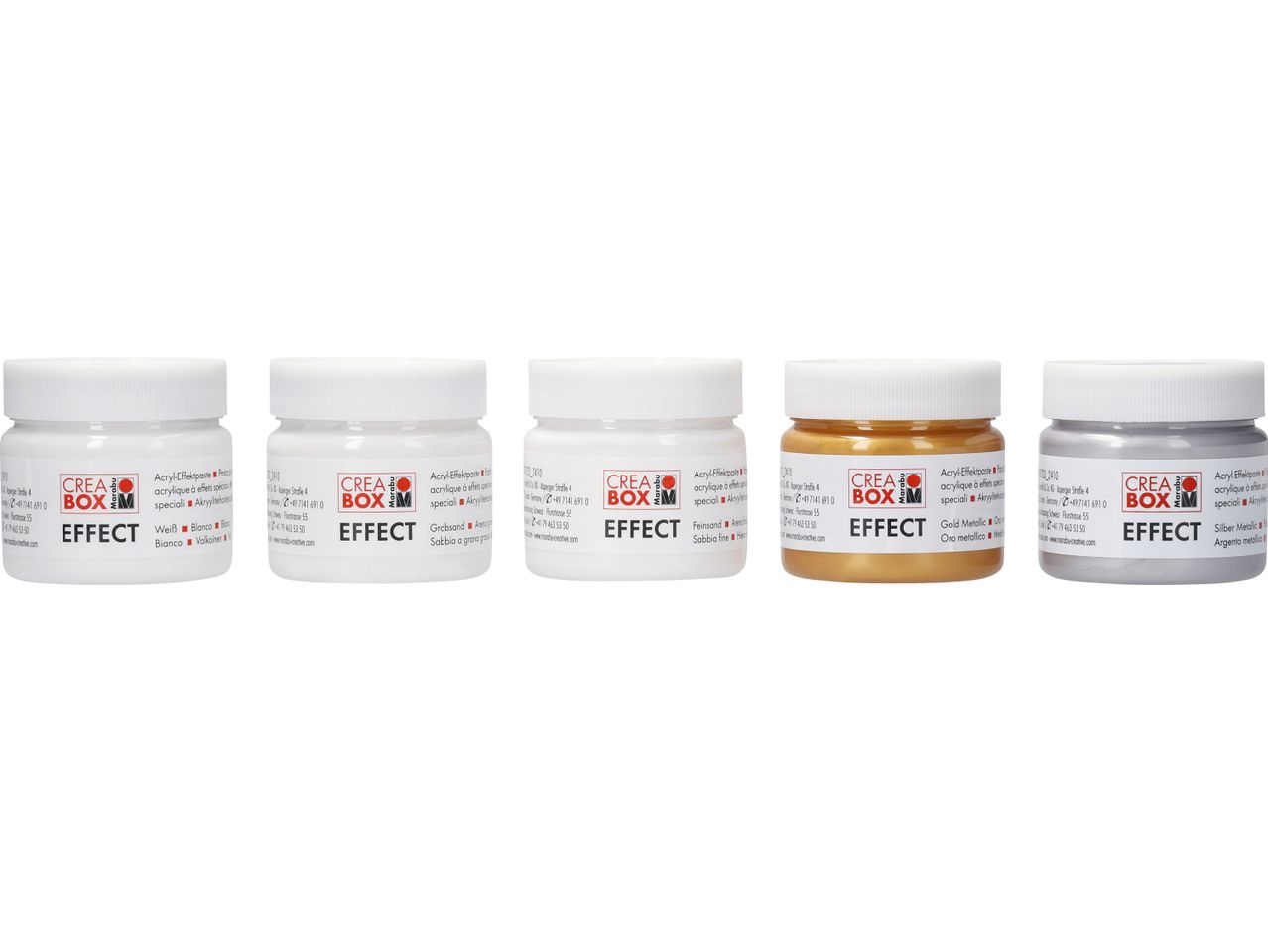 Пет бурканчета с акрилна боя Marabu CREA BOX EFFECT в бял, златист и сребрист цвят.