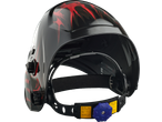 PARKSIDE® Automatic Welding Helmet with red flame design and adjustable head strap.