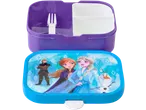 Frozen-lunchbox met Anna, Elsa, Kristoff en Olaf, inclusief vork en compartimenten.