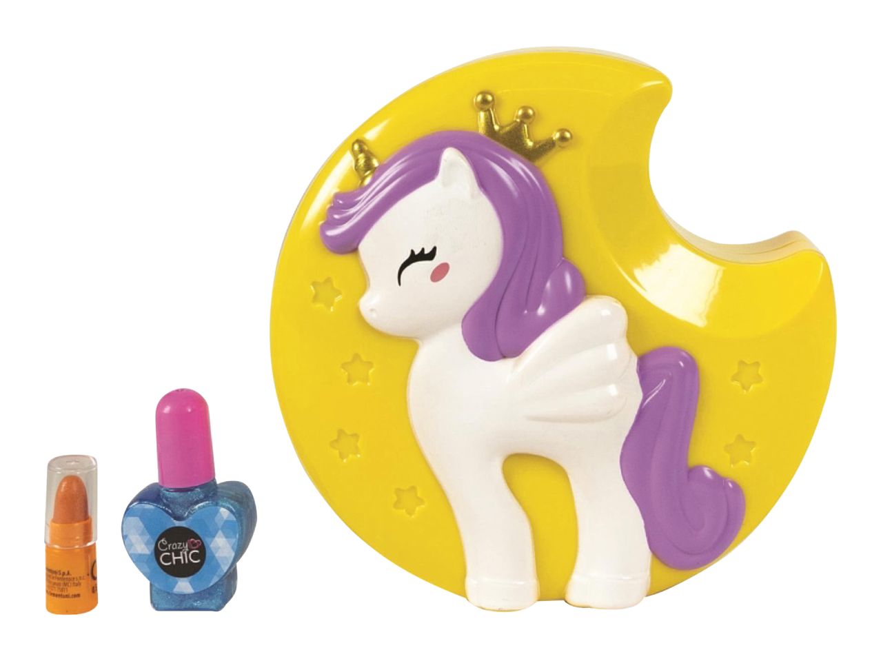 A unicorn-themed makeup set with a yellow moon-shaped compact, a blue heart-shaped nail polish, and an orange lipstick.