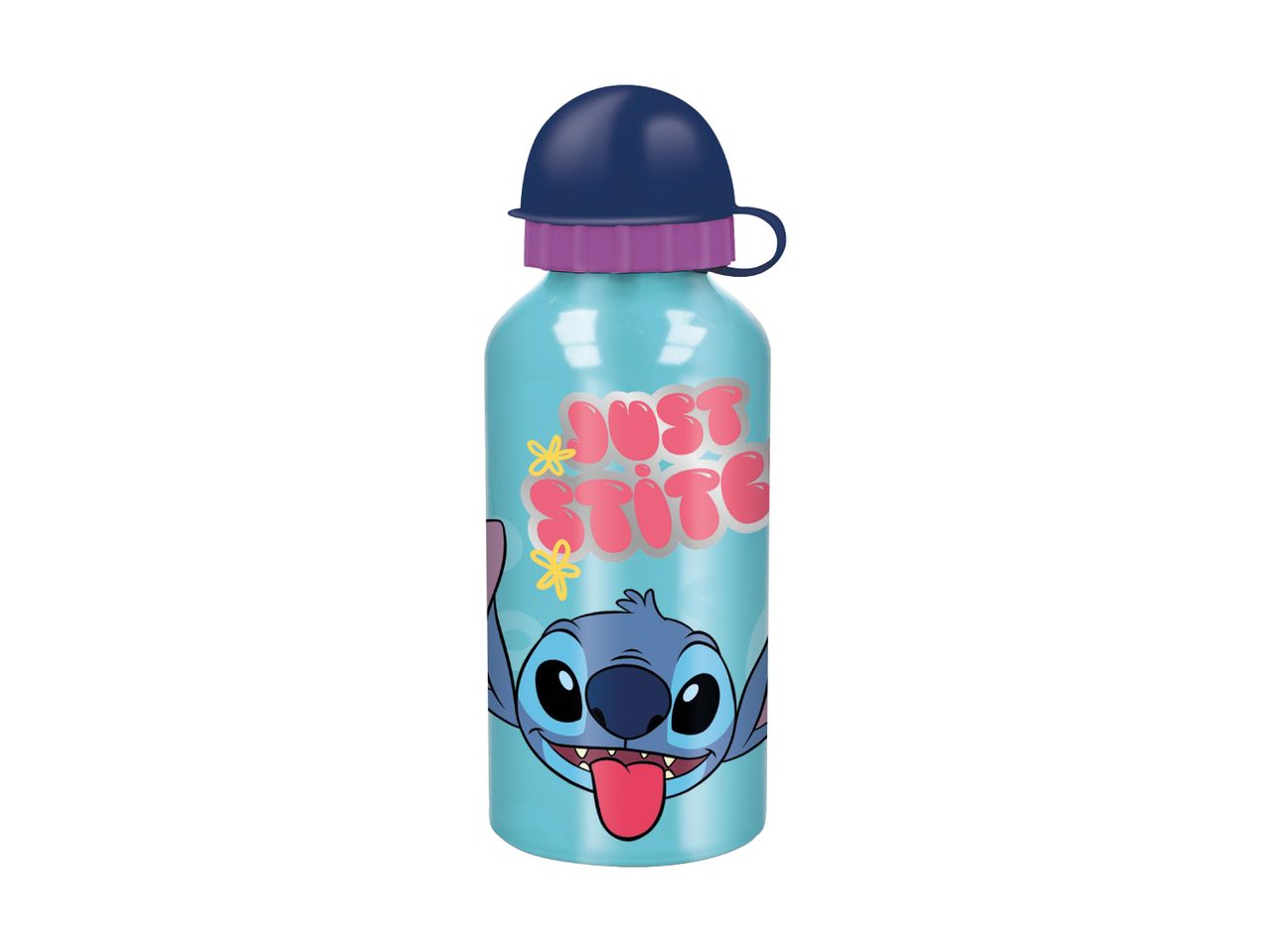 Light blue water bottle with a cartoon character and text 'JUST STITCH'