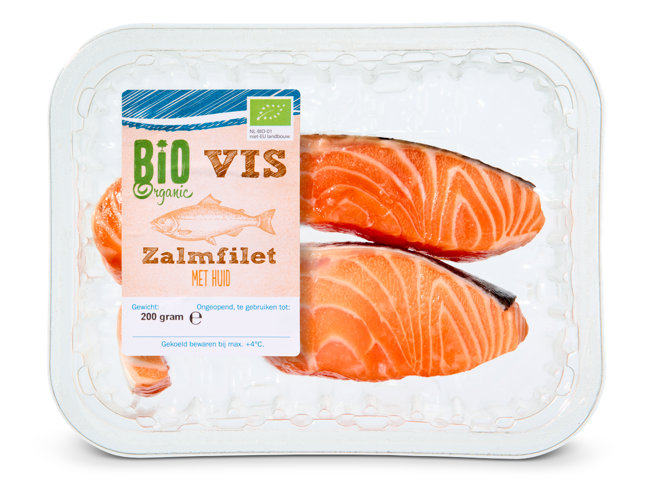 Bio Vis biologische zalmfilets in verpakking.