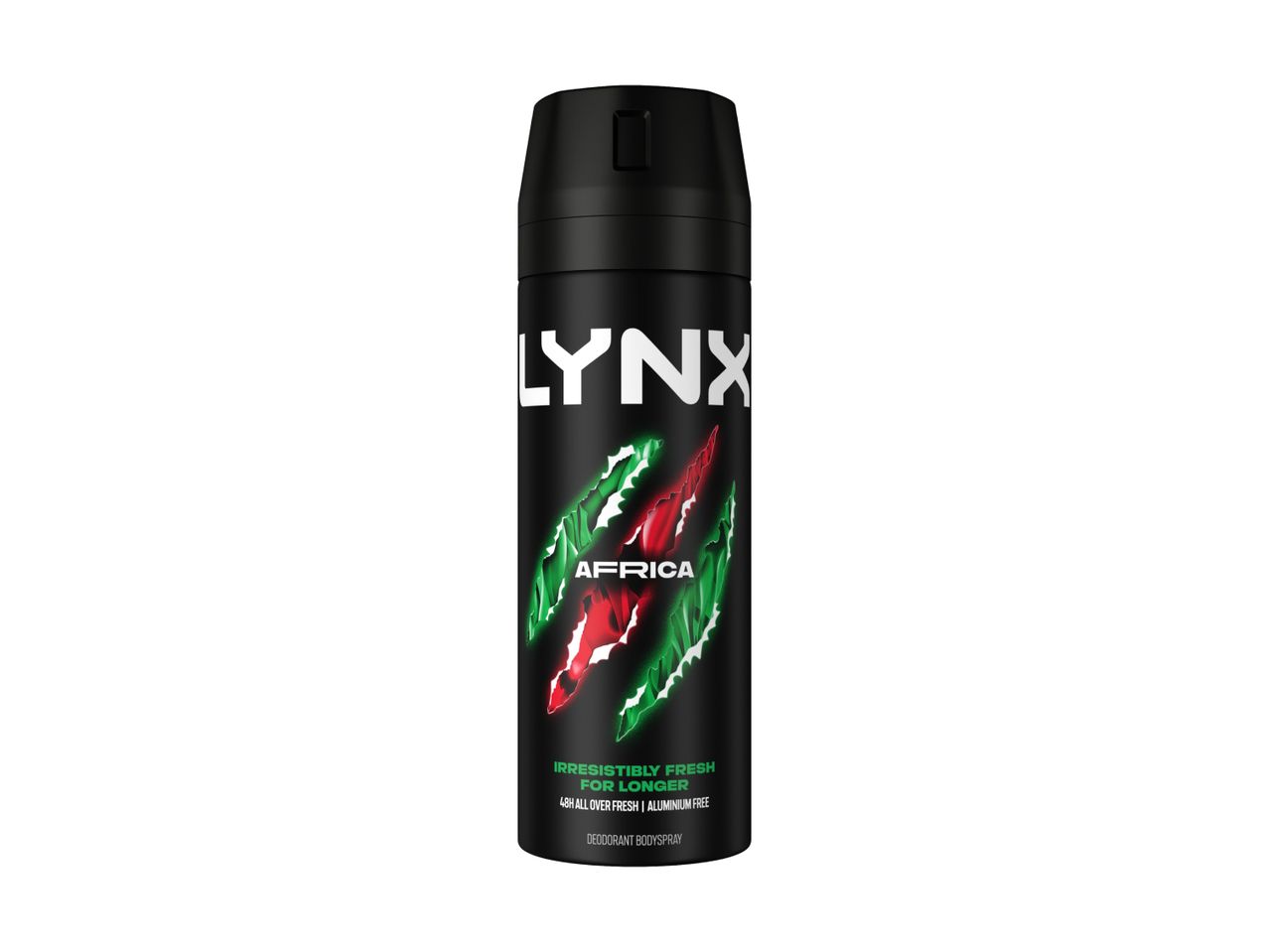 Black deodorant body spray with green and red claw mark design, featuring text about freshness.
