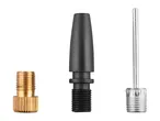 Three different pump adapters: a brass Presta valve adapter, a black plastic adapter, and a metal needle valve adapter.