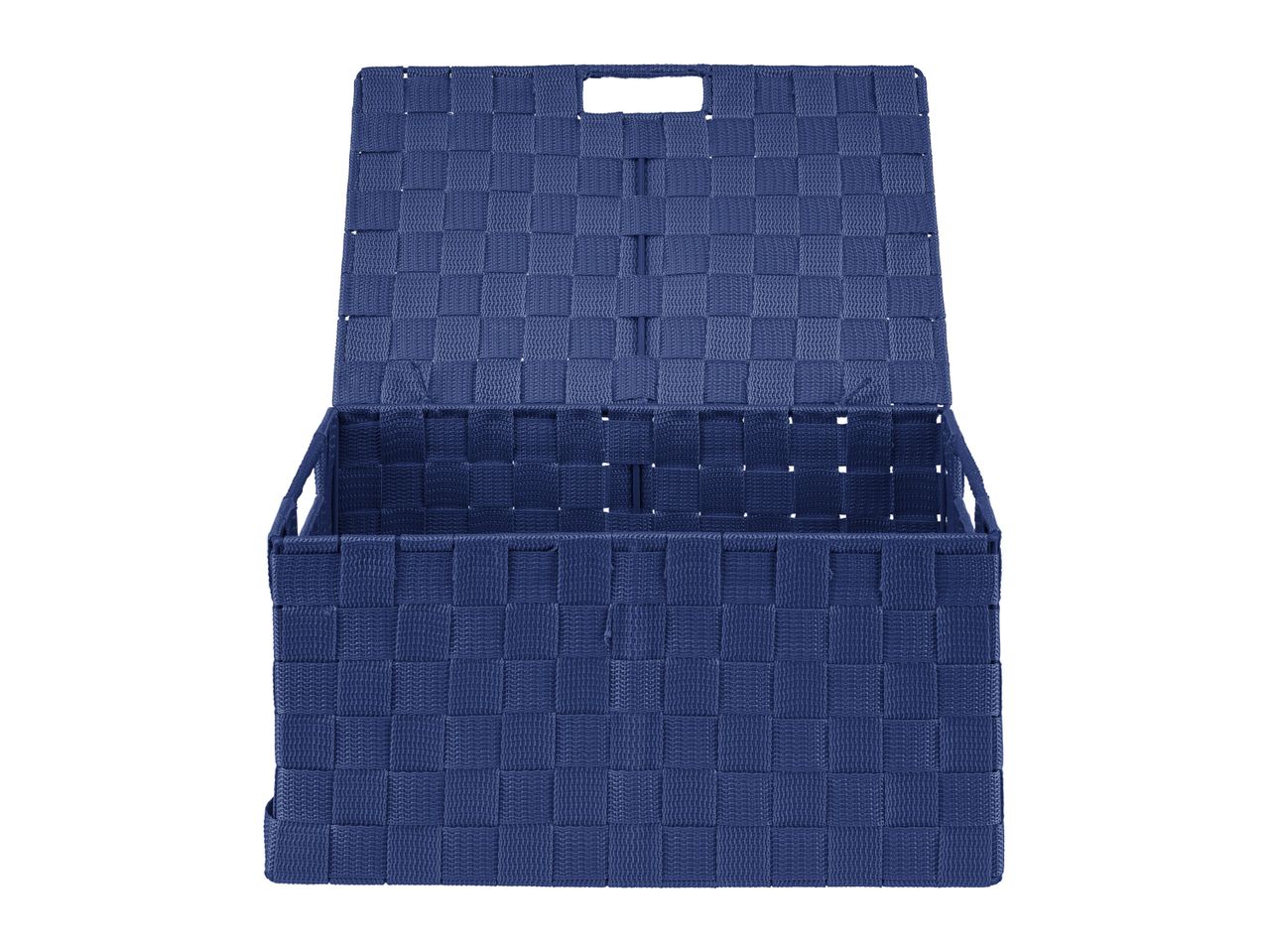 A navy blue collapsible storage bin with a hinged lid.