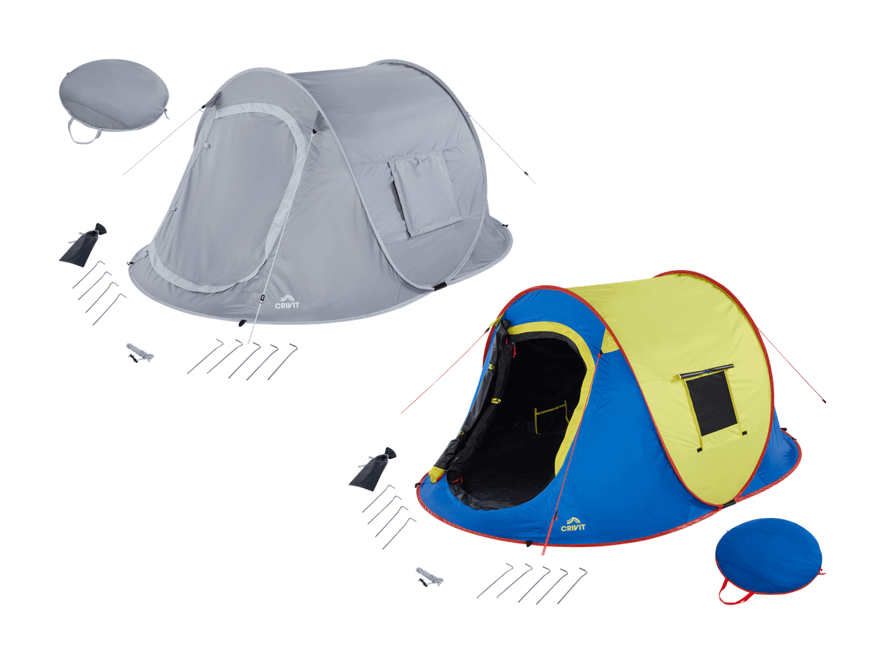 Deux tentes de camping pop-up, une grise et une bleue et jaune, avec accessoires.