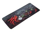 A rectangular mousepad featuring a vibrant design of red chili peppers and spices on a dark background.