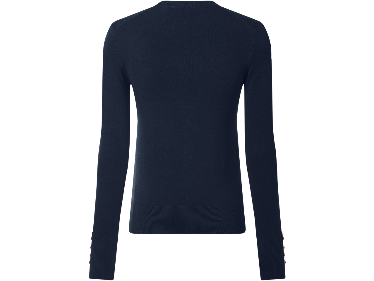 Camisola feminina ESMARA azul marinho de manga comprida com botões nos punhos.