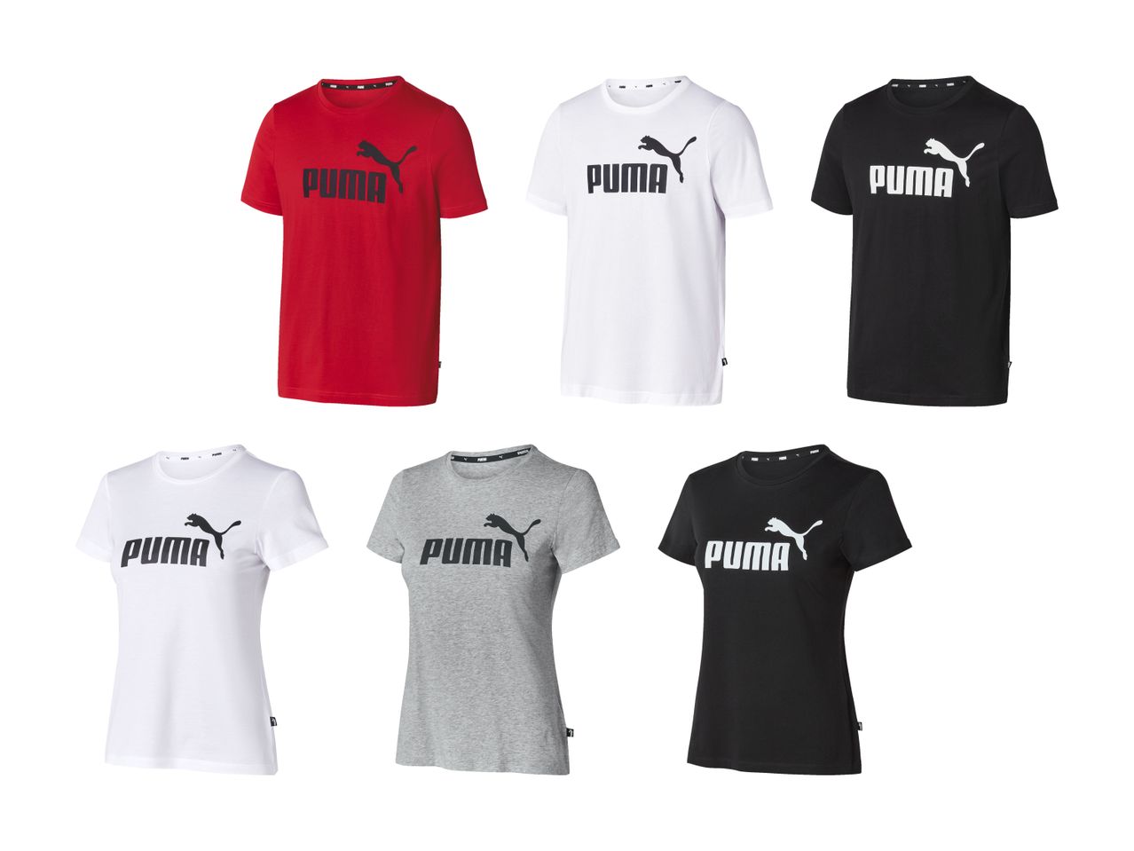 Sechs Puma T-Shirts mit Logo in Rot, Weiß, Schwarz und Grau.