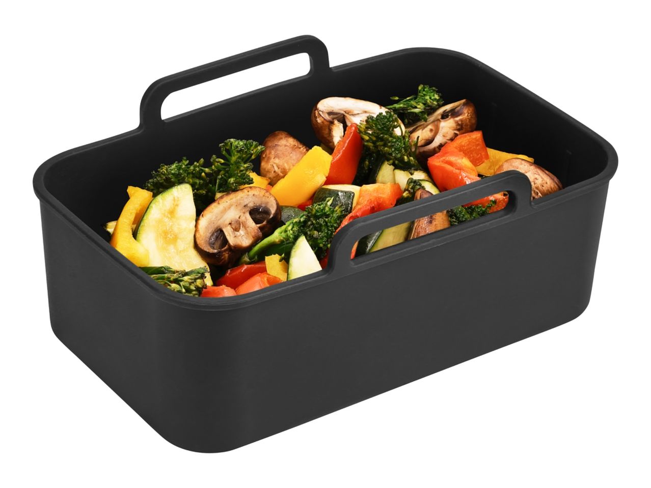 Black silicone air fryer basket filled with mixed vegetables