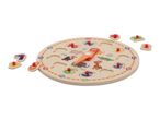 Wooden clock puzzle with animal illustrations and numbered pieces, some removed.