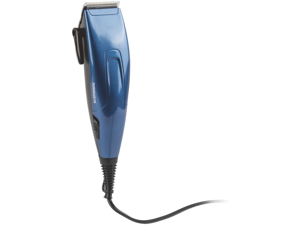 A blue Termozeta hair clipper with a black cord is shown against a white background.