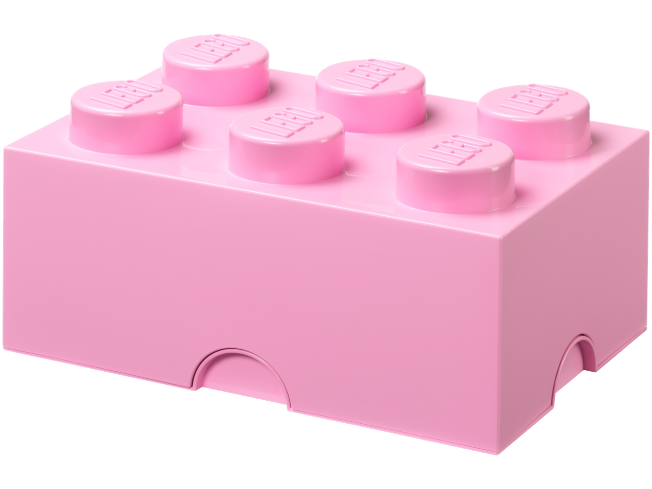 Roosa Lego® hoiuklots, suur ristkülikukujuline karp kuue nupuga peal.