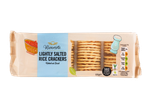 Rivercote Lightly Salted Rice Crackers, baked not fried, with nutritional information.