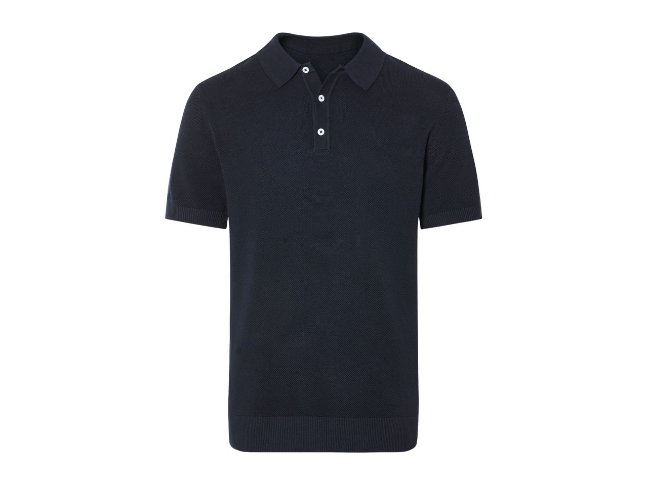 A navy blue knitted polo shirt with a three-button placket.