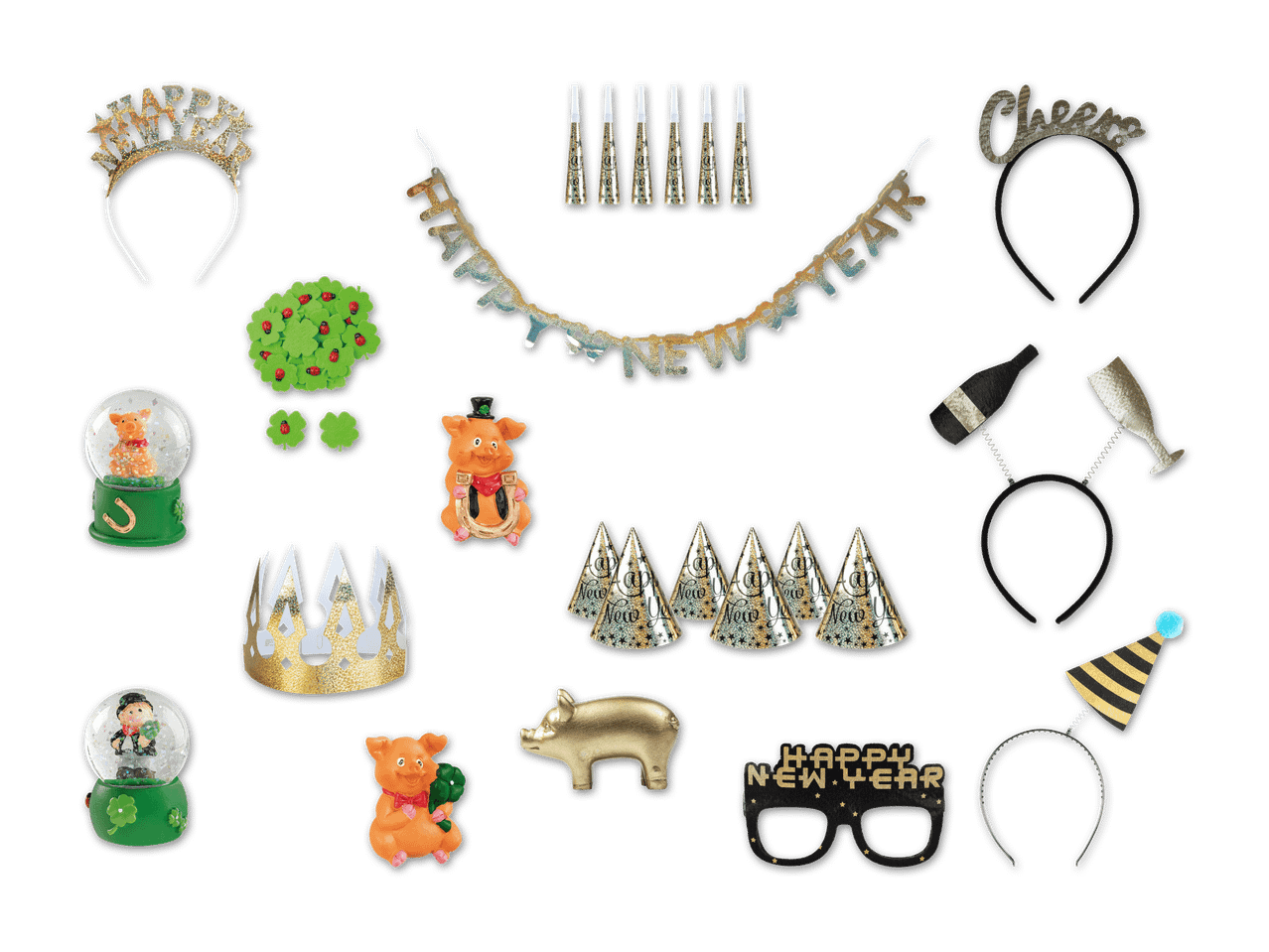 Neujahrs-Partyartikel: Stirnbänder, Girlande, Partyhüte, Glücksschweine und Glücksklee.
